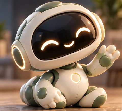 Reimi, a small cream and sage robot with a dark visor and a glowing smile, waving hello